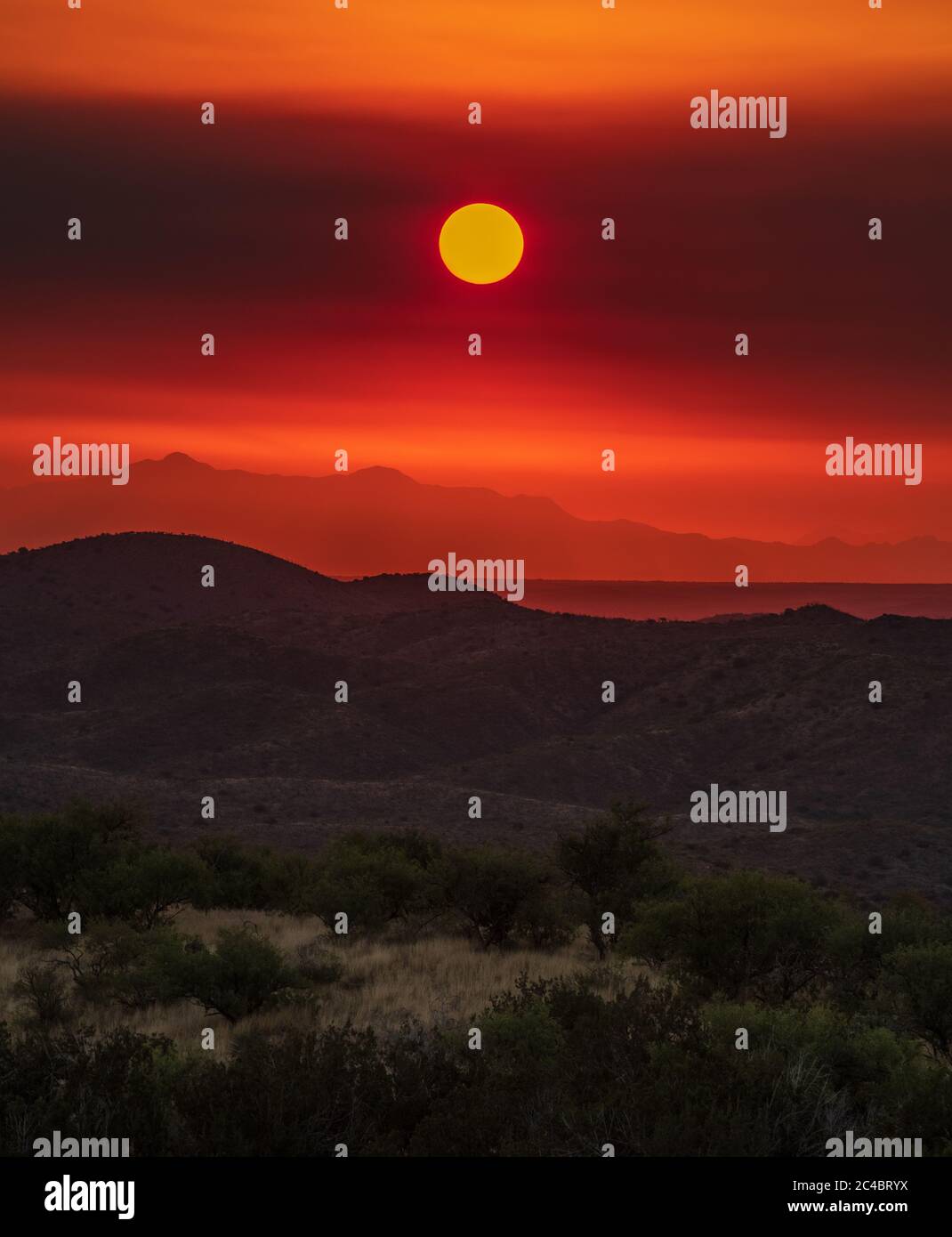 El humo del Fuego de Bighorn, que se quema en las montañas de Santa Catalina al norte de Tucson, filtra el sol poco después del amanecer, como se ve desde las praderas Foto de stock
