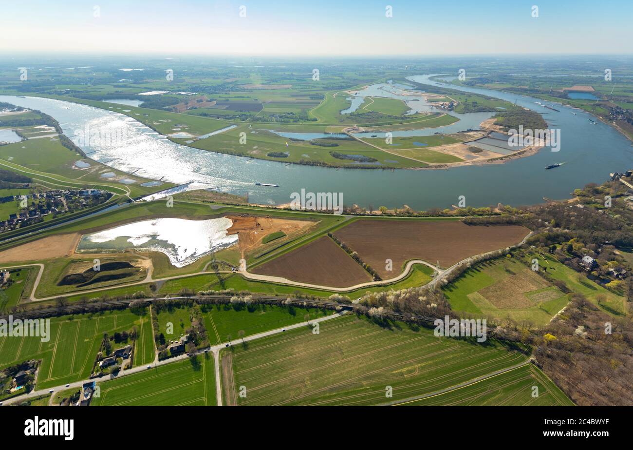 Desembocadura del río Emscher en el río Rin, 01.04.2019, vista aérea, Alemania, Renania del Norte-Westfalia, Ruhr Área, Dinslaken Foto de stock
