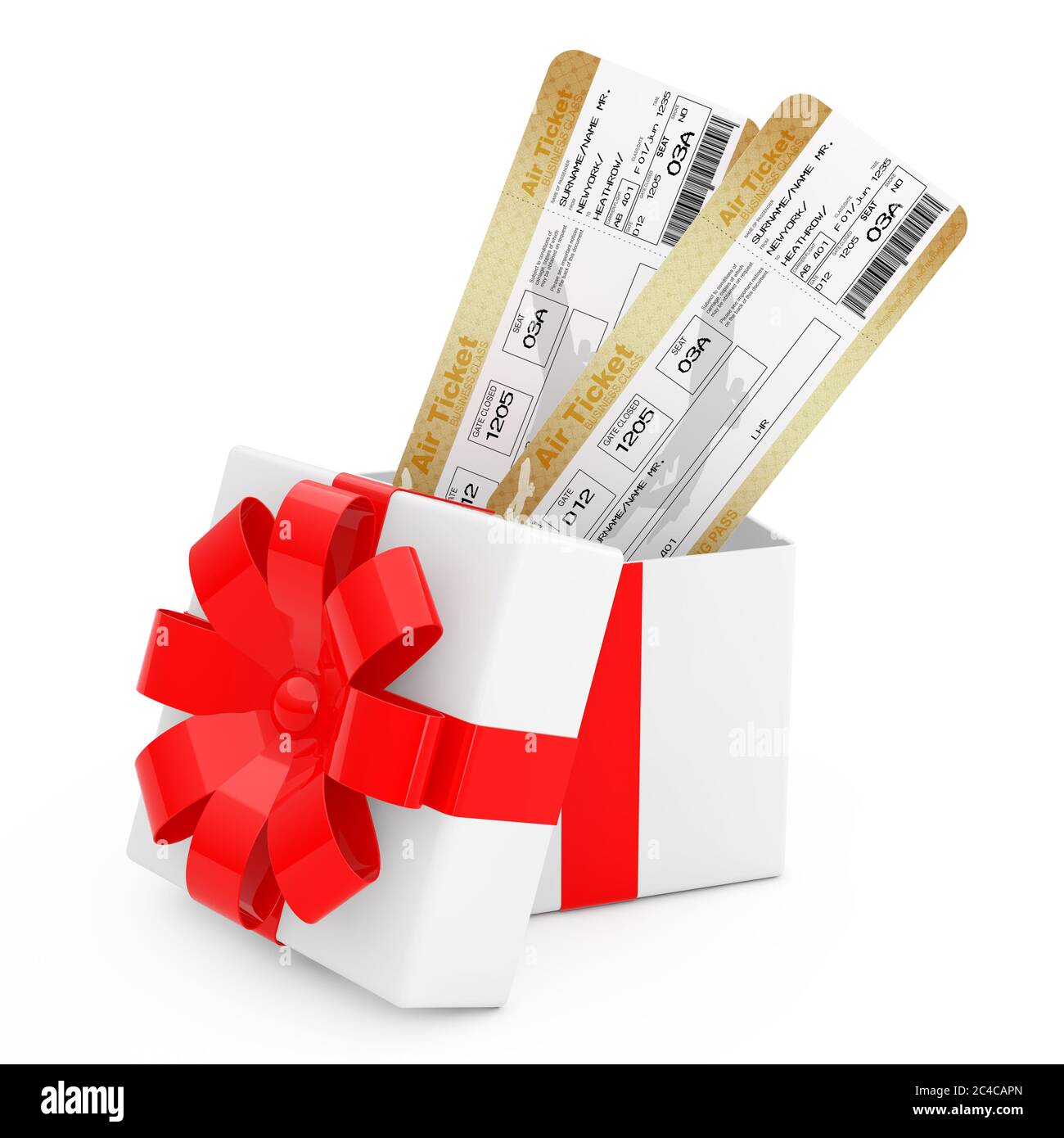 Billetes de tarjeta de embarque de aerolínea en caja de regalo con cinta  roja y arco sobre fondo blanco. Presentación 3d Fotografía de stock - Alamy