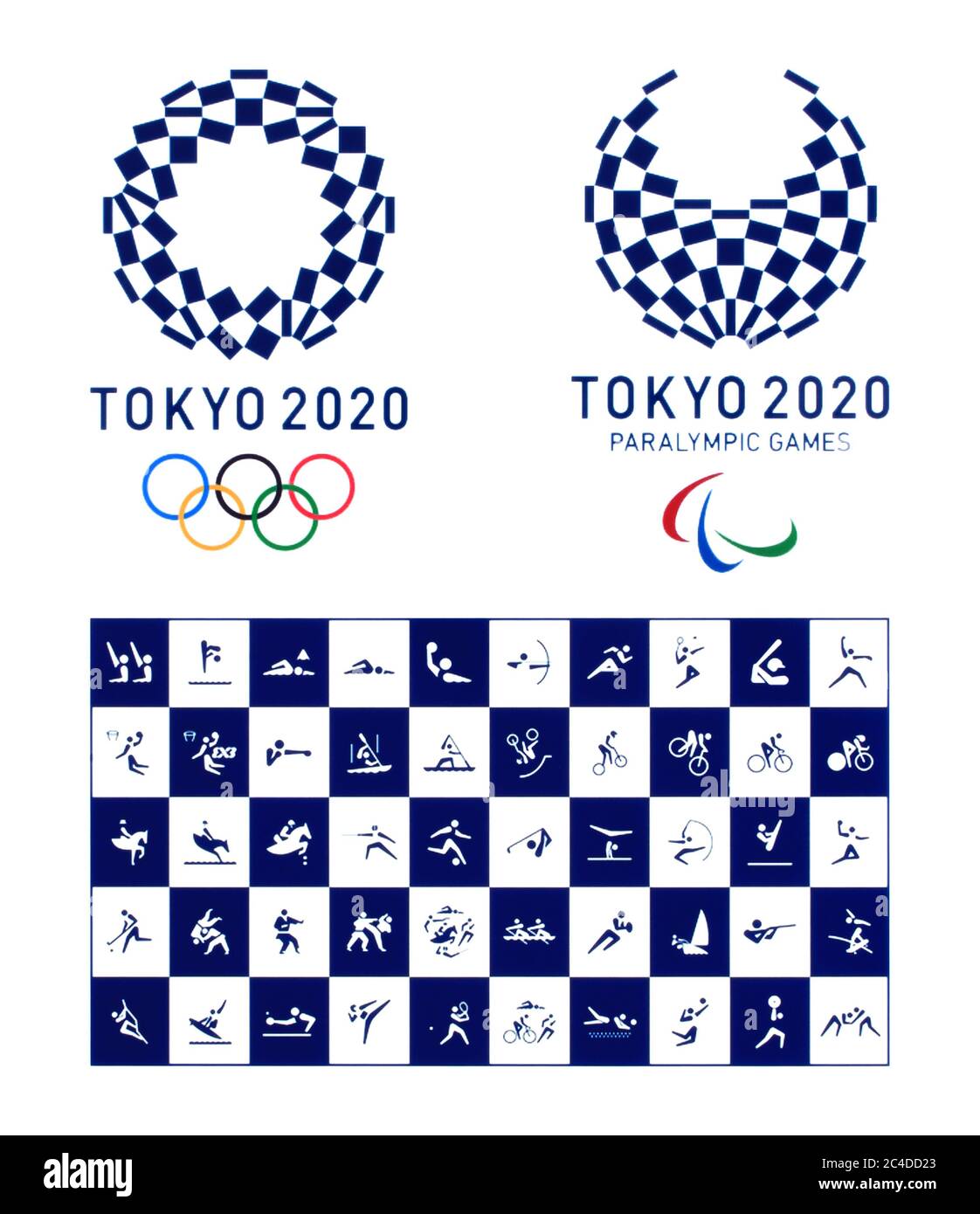 Kiev, Ucrania - 04 de octubre de 2019: Logotipo oficial de los Juegos Olímpicos de Verano 2020 con iconos oficiales de tipos de deporte en Tokio, Japón, a partir de julio de 24 t Foto de stock