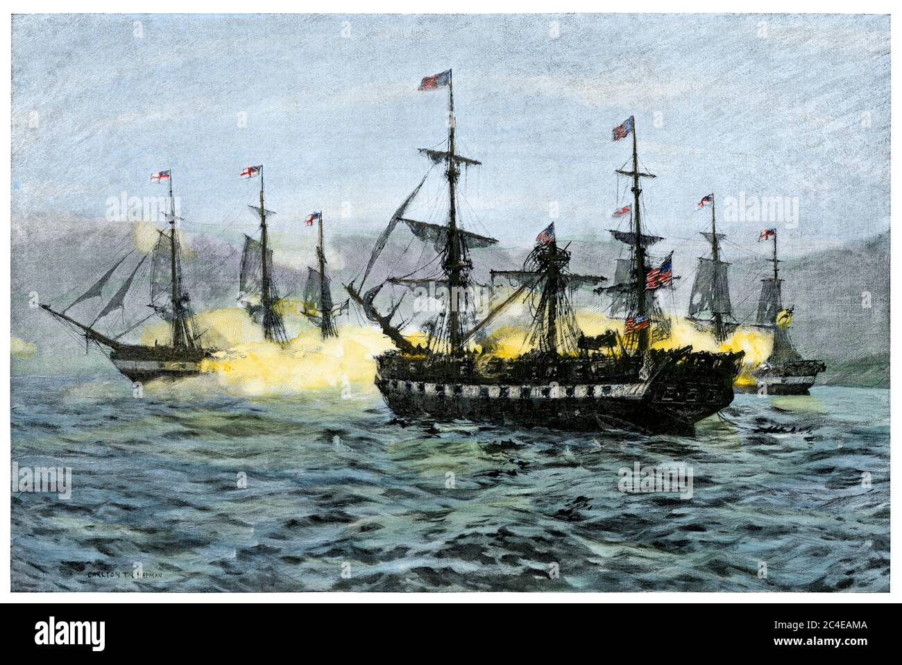 Captura de USS Essex por buques de guerra británicos, Valparaíso, Chile, 1814. Medio tono de color a mano de una ilustración Foto de stock