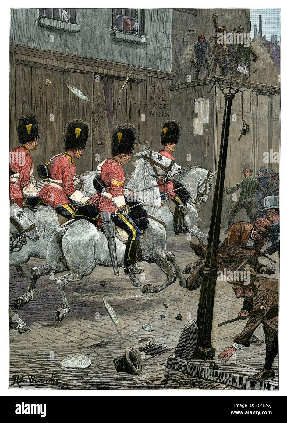 Royal Scots Grays caballería cobrando a los agitadores de la Liga de la Tierra irlandesa en Limerick, 1881. Madera talada a mano Foto de stock