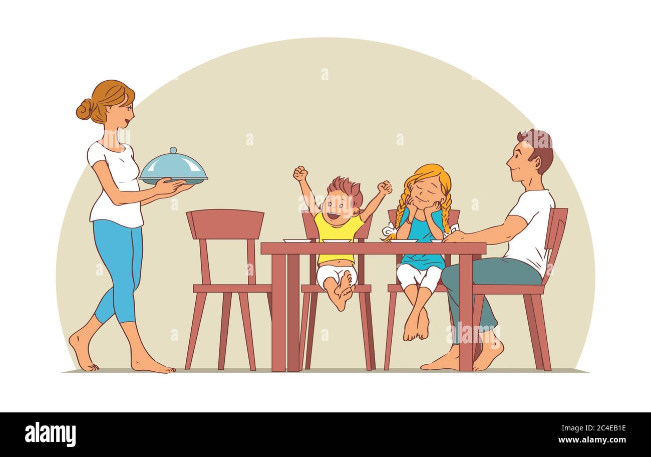 Una Familia Con Dos Ninos Se Reunio En La Mesa Para Almorzar Imagen Vector De Stock Alamy