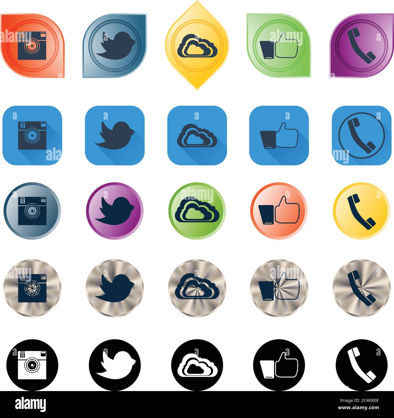 Conjunto de iconos de redes sociales en diferentes estilos. Cámara digital,  símbolo de mano, pájaro mensajero, teléfono y símbolos de nube Imagen  Vector de stock - Alamy