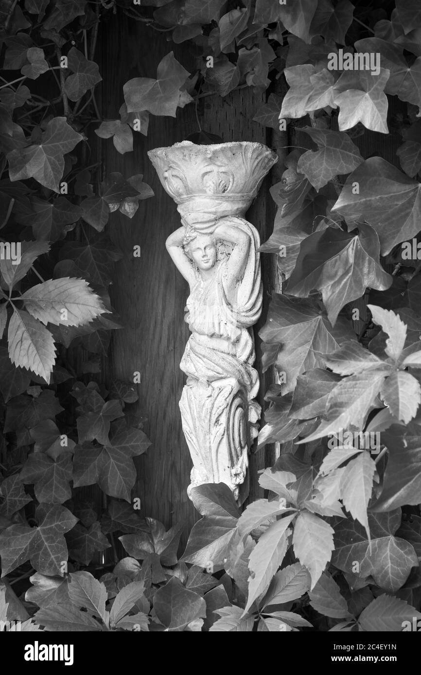 Estatuilla cerámica blanca de estilo clásico de una joven rodeada de hojas de hiedra que se utiliza como decoración en un jardín Foto de stock