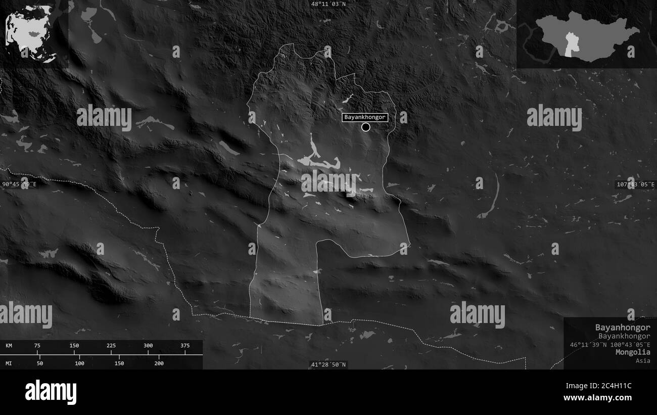 Bayanhongor, provincia de Mongolia. Mapa a escala de grises con lagos y