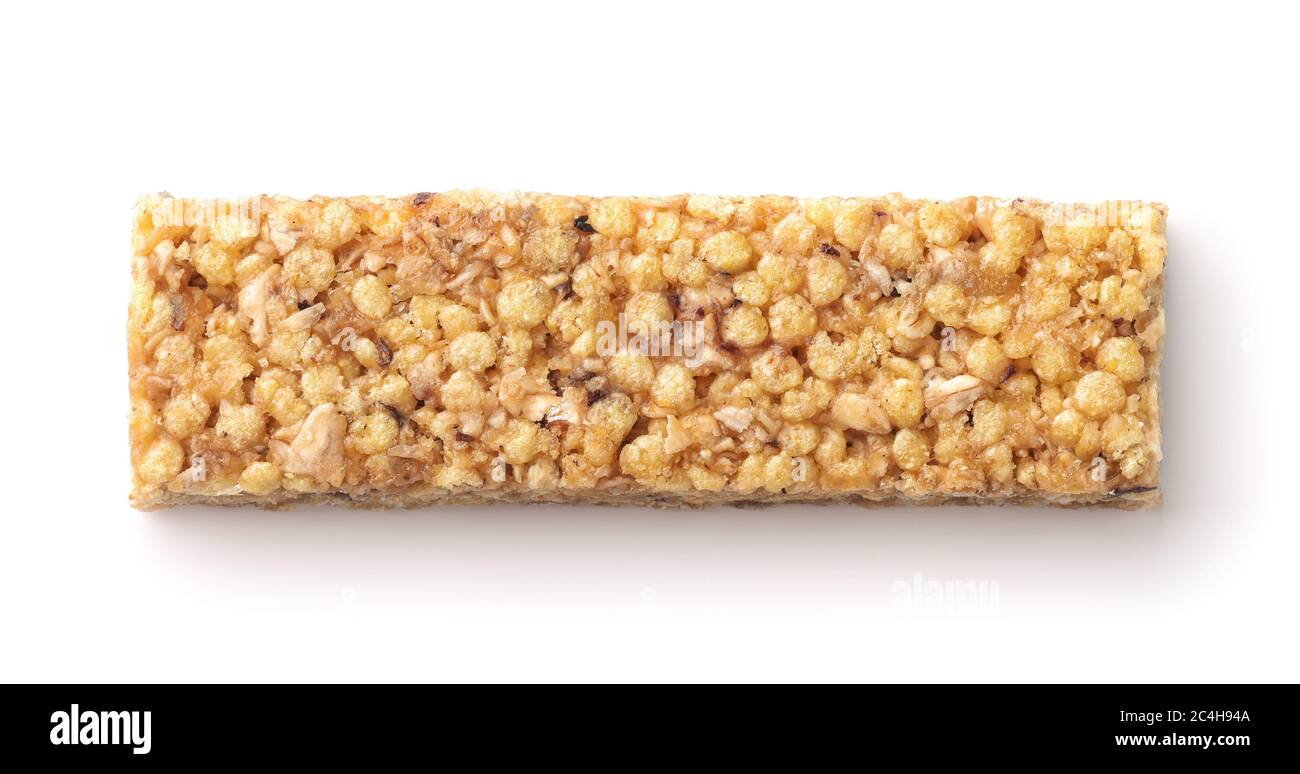 Vista superior de la barra de energía de granola aislada sobre blanco Foto de stock