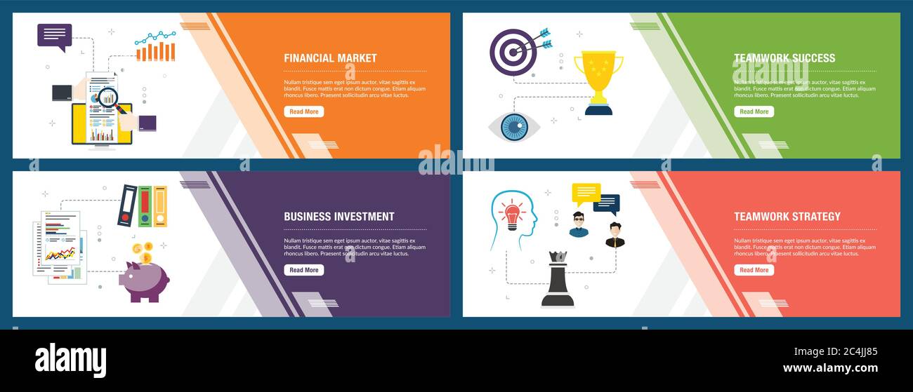 Banners Web Concepto de vector con éxito en el mercado financiero, el trabajo en equipo, la inversión empresarial y el trabajo en equipo de estrategia. Internet sitio Web banner concepto con Ilustración del Vector