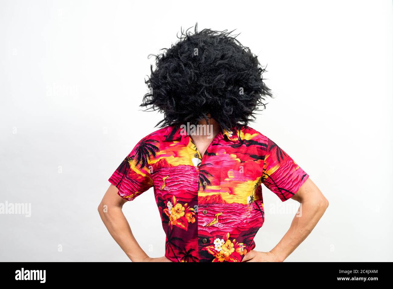 Hombre con una peluca afro que cubre toda su cara y camisa hawaiana. A  mitad de tiro. Fondo blanco Fotografía de stock - Alamy