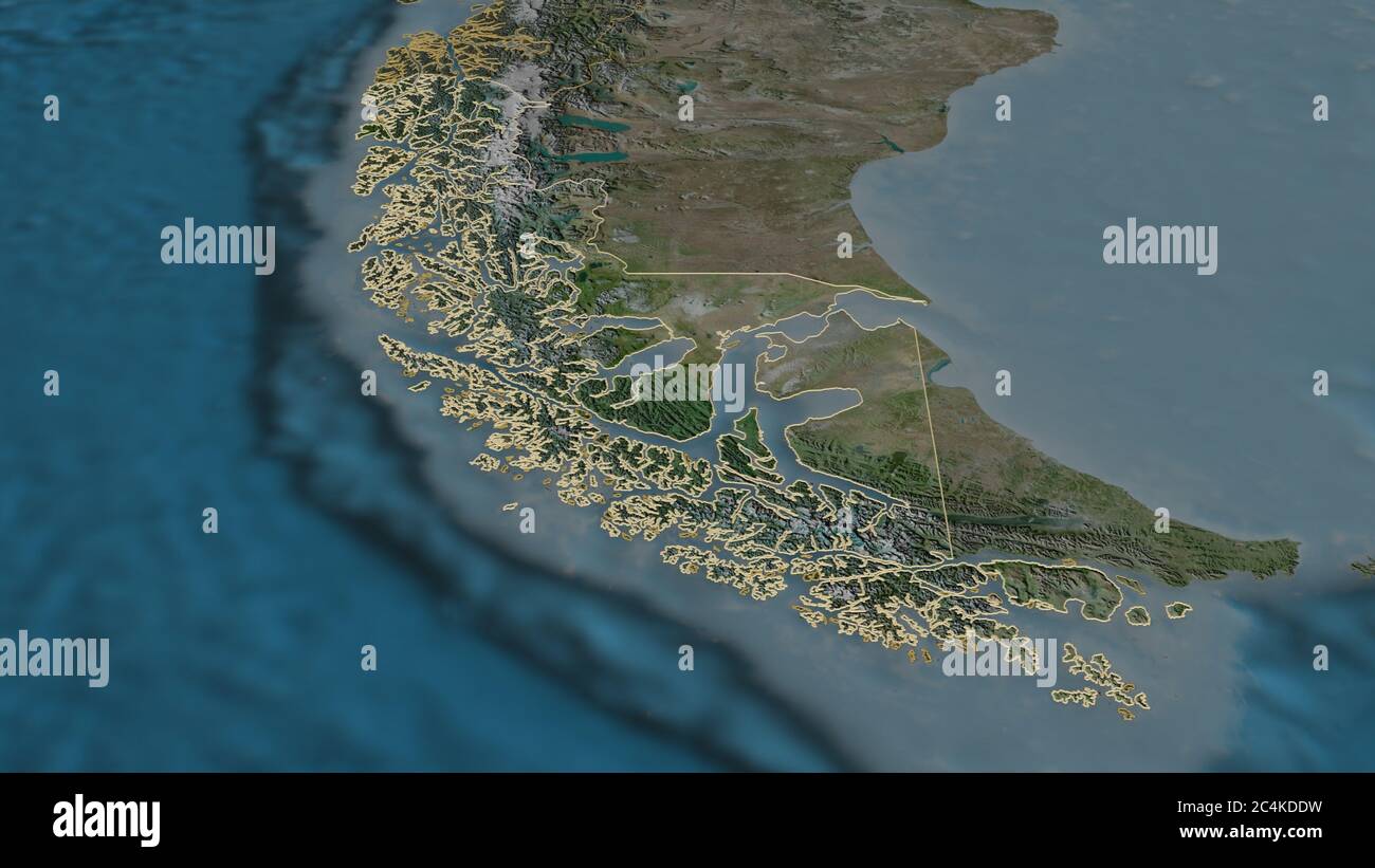 Ampliar en Magallanes y Antártica Chilena (región de Chile) extruido.  Perspectiva oblicua. Mapa topográfico de relieve con aguas superficiales.  Renderizado en 3D Fotografía de stock - Alamy