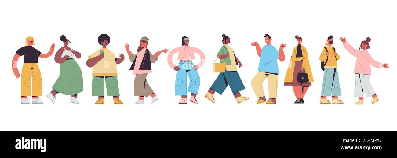 conjunto personas lindas en ropa informal de moda mezcla raza hombres mujeres de pie en diferentes poses, hombre dibujos personajes colección completa aislado vector ilustración Imagen Vector de