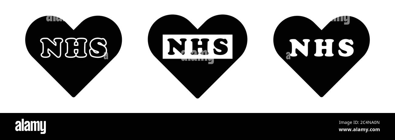 Texto de la Palabra de NHS en forma de Amor del corazón. Reino Unido Servicio Nacional de Salud de la Salud del Reino Unido. Icono negro Ilustración aislada sobre un fondo blanco Ilustración del Vector