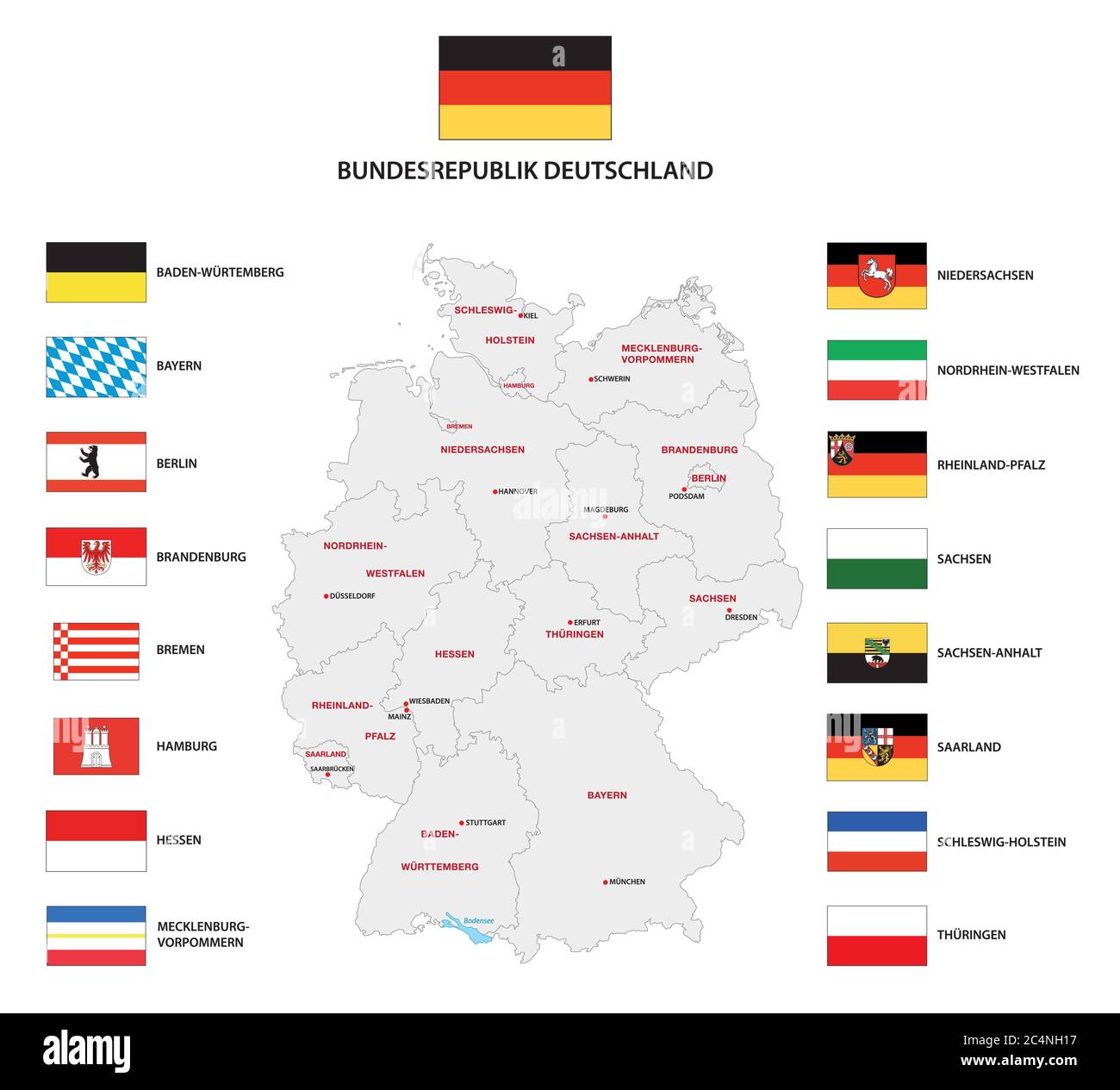 Mapa administrativo vectorial de la República Federal de Alemania con las banderas de los estados federales Ilustración del Vector