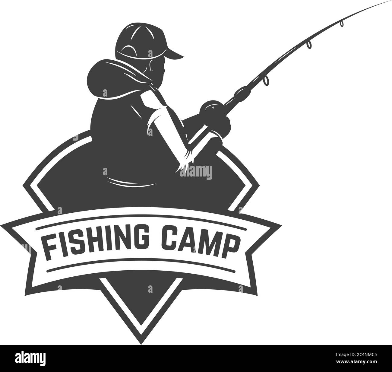 Campamento de pesca. Emblema de plantilla con pescador. Elemento de diseño para logo, etiqueta, cartel, cartel. Ilustración vectorial Ilustración del Vector