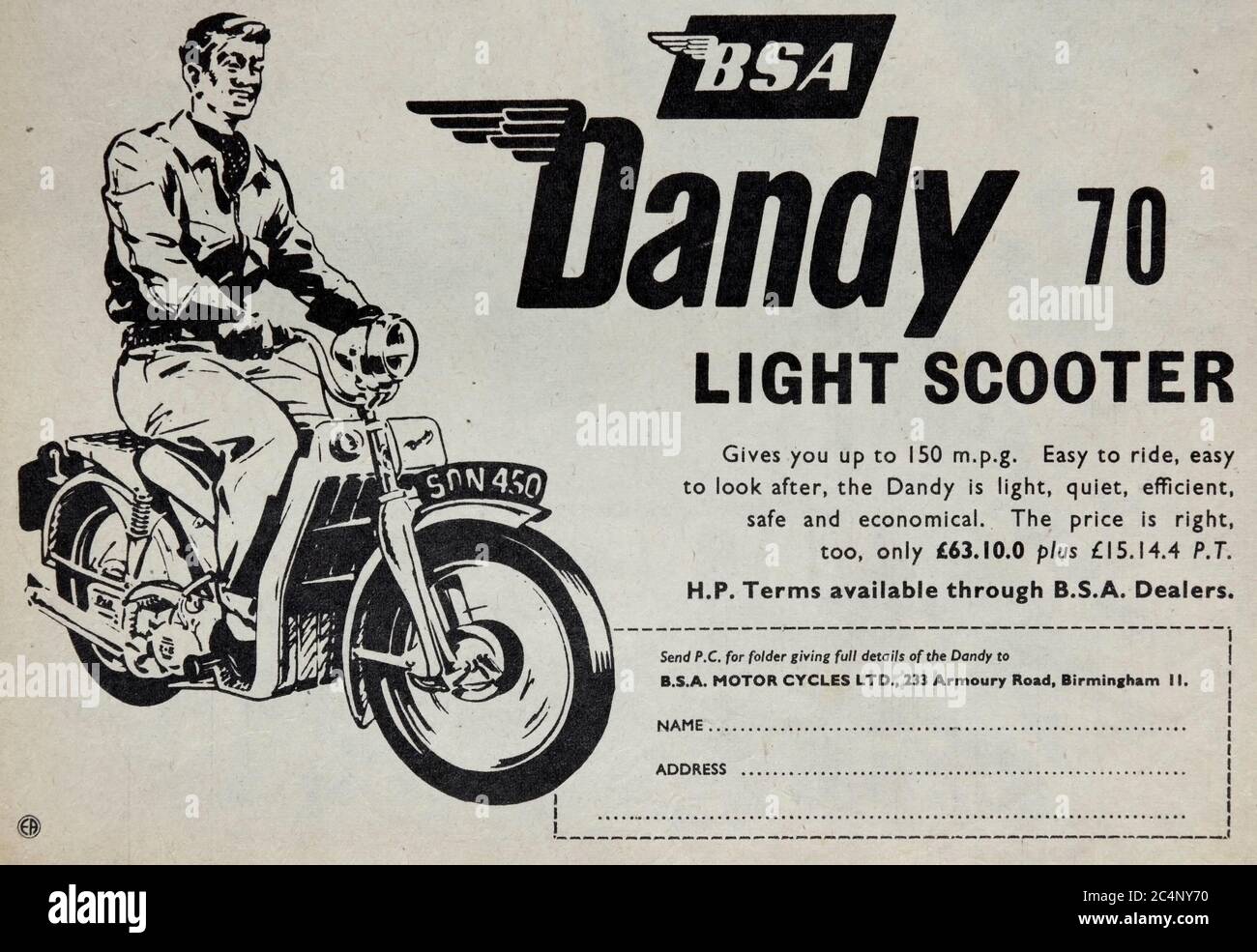 Anuncio de la cosecha para el British BSA Dandy 70cc moto Fotografía de  stock - Alamy