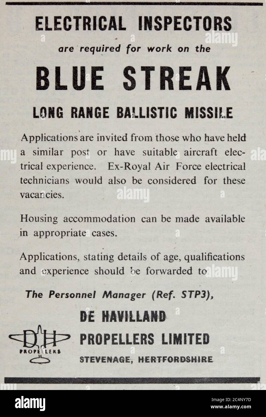 Anuncio de reclutamiento de vendimia para trabajar en el programa de misiles balísticos British Blue Streak de los años 60. Foto de stock