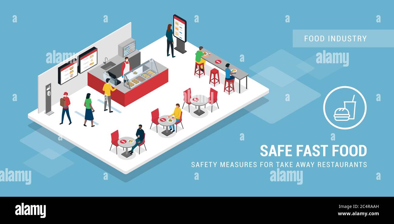 Comer de forma segura en el restaurante de comida rápida durante la  pandemia del coronavirus: Las personas siguen las medidas de seguridad y  distanciamiento social Imagen Vector de stock - Alamy