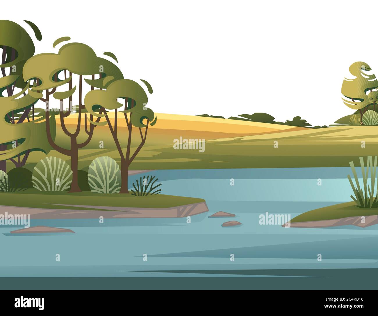 Paisaje de campo lago con césped verde y árboles dibujos animados diseño plano vector ilustración con cielo claro y colinas en el fondo Imagen Vector de stock - Alamy Paisaje de campo lago con césped verde y árboles dibujos animados diseño plano vector ilustración con cielo claro y colinas en el fondo Imagen Vector de stock - Alamy