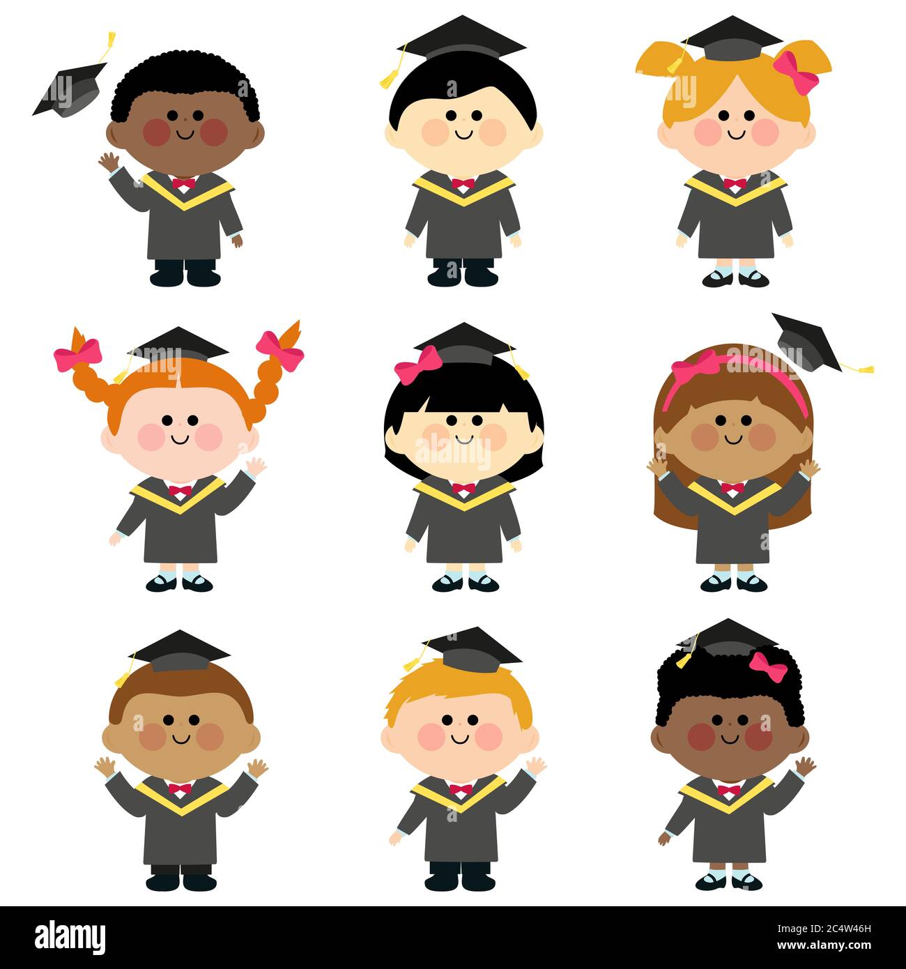 Conjunto de niños y niñas con batas de graduación y sombreros de mortero. Foto de stock