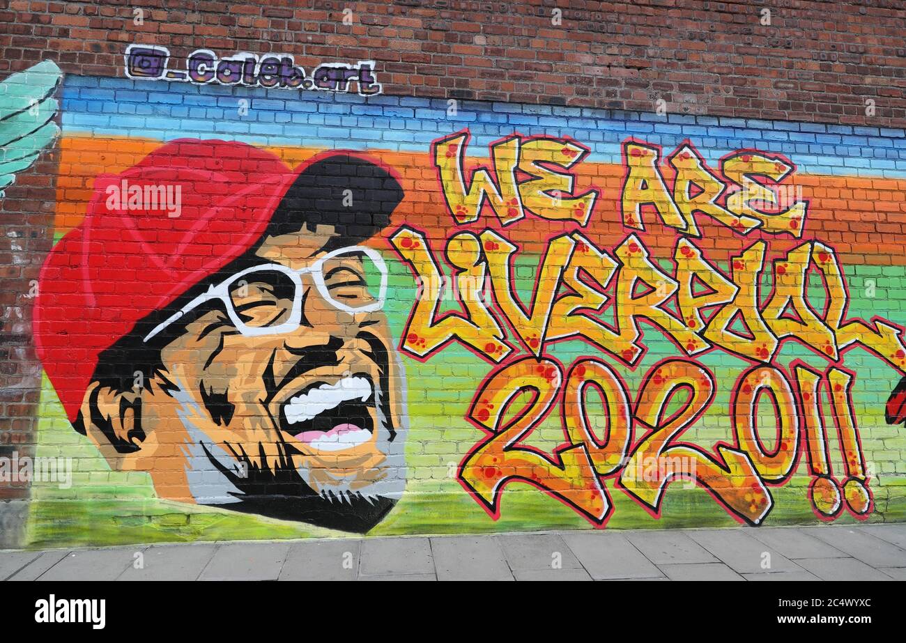 Un nuevo mural del director de Liverpool Jurgen Klopp en una pared en el área del Triángulo Báltico de Liverpool después de que el club se convirtió en campeones de Inglaterra por primera vez en 30 años. Foto de stock