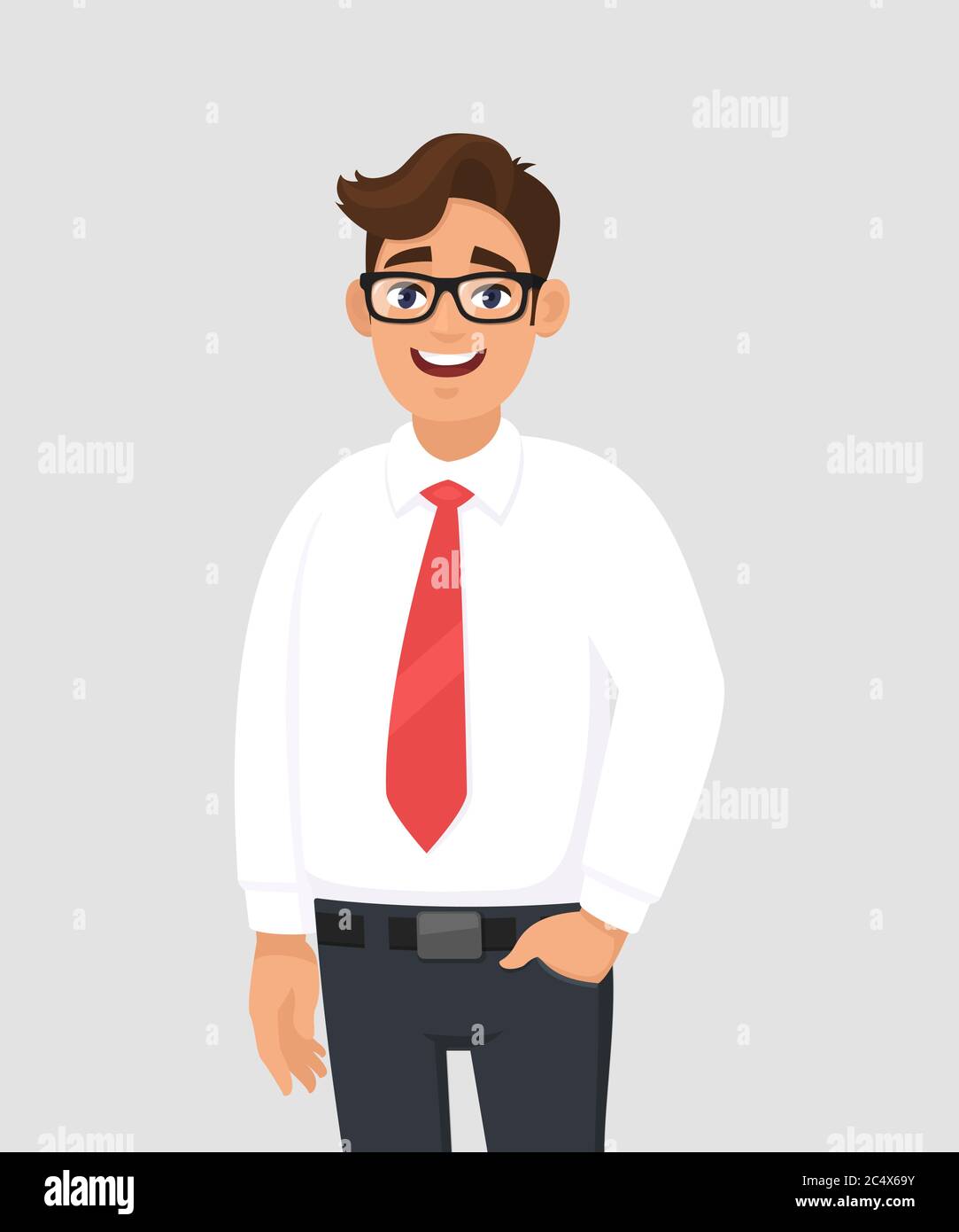 Retrato de un joven hombre de negocios con camisa blanca y corbata roja,  mano en el bolsillo del pantalón, de pie contra fondo gris/gris. Emoción  humana y hombre de negocios Imagen Vector