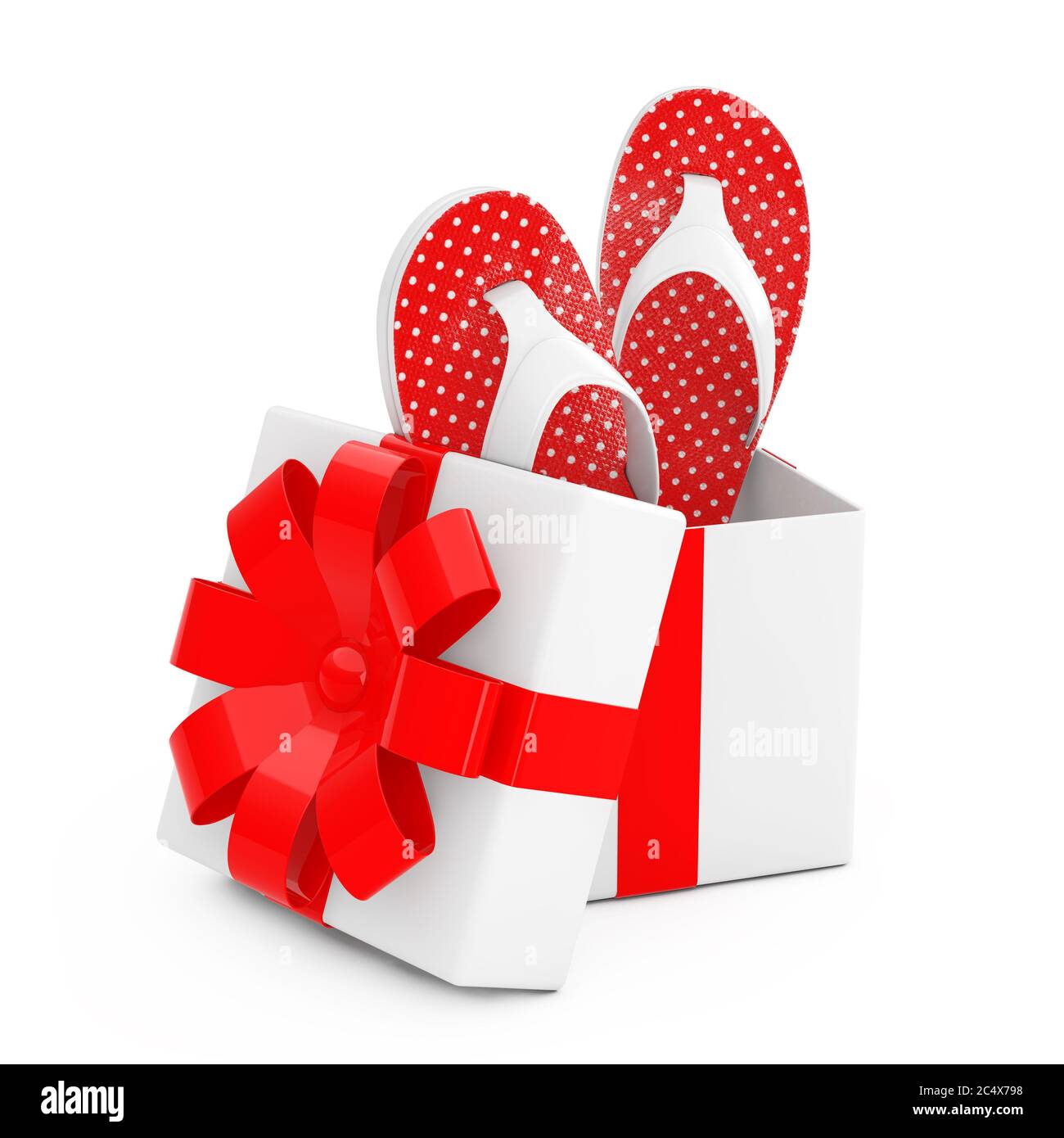 Sandalias modernas de chanclas salen de la caja de regalo con cinta roja  sobre un fondo blanco. Presentación 3d Fotografía de stock - Alamy