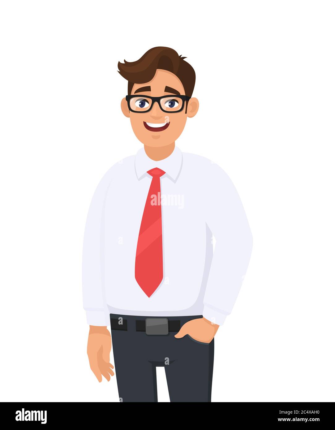 Retrato de un joven hombre de negocios con camisa blanca y corbata roja, en el del pantalón, de pie contra fondo blanco. Emoción humana conc. De hombre de negocios