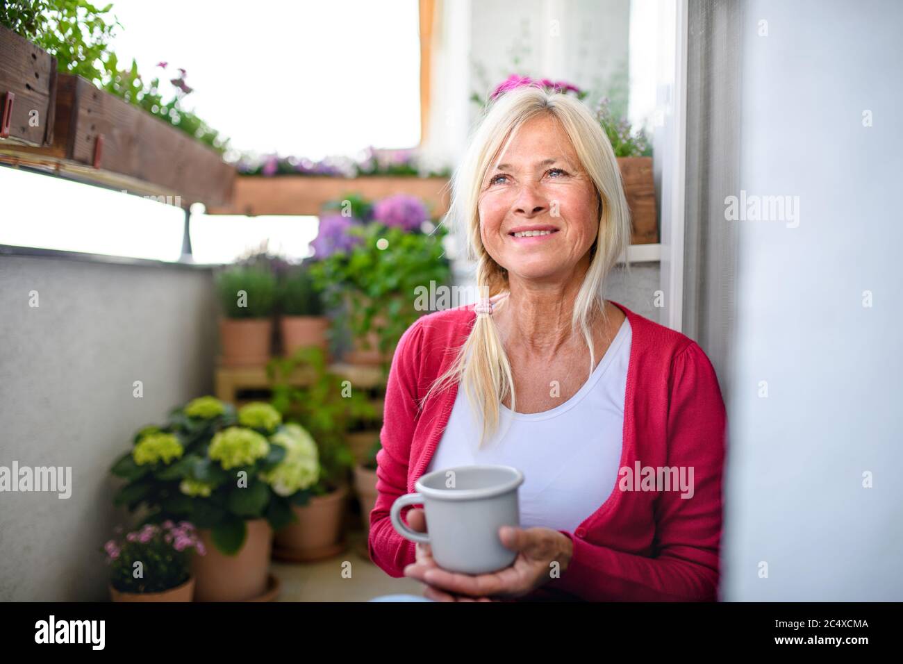 Mujer mayor con café en el balcón en verano, relajarse entre macetas plantas de flores. Foto de stock