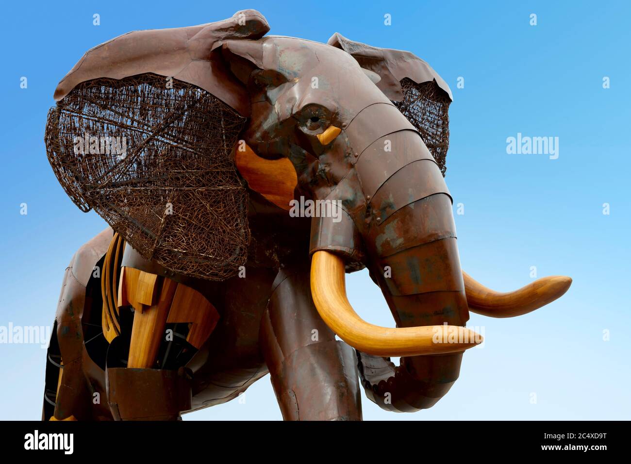 Escultura de elefante africano diseñada por Fernando González sobre fondo azul, Bioparc, Valencia, España. Foto de stock