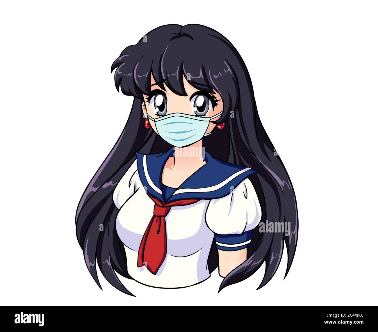 ANIME retrato de una chica linda con pelo largo negro y usando máscara  médica y uniforme escolar japonés. Ilustración vectorial dibujada a mano  aislada sobre el pulo Imagen Vector de stock -