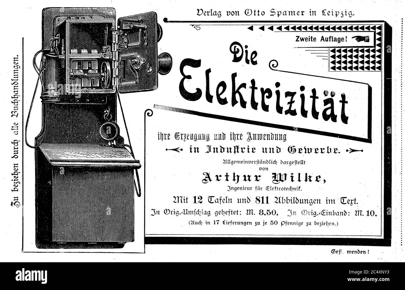 Publicidad, publicidad de publicación Spamer para el libro Electricidad, CA 1890 / Werbung, Werbeanzeige des Verlag Spamer fuer das Buch Die Elektrizitaet, CA 1890 Foto de stock
