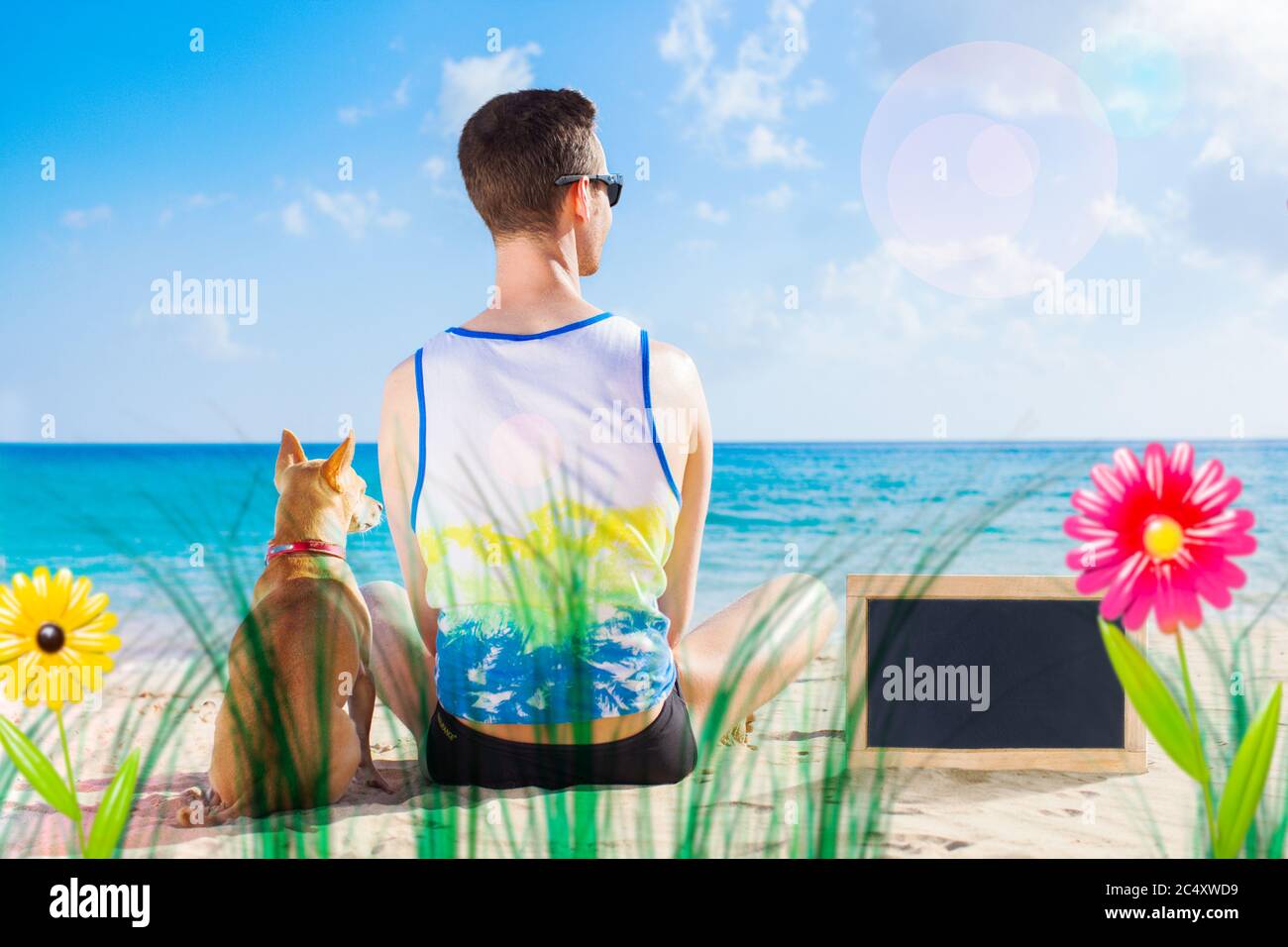 Perro y dueño Sentados muy juntos en la playa, en las vacaciones de verano, viendo la puesta de sol o amanecer , pizarra en blanco vacía o banner a la IS Foto de stock