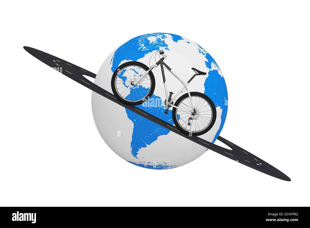 Black and White Mountain Bike Over Road alrededor de Earth Globe sobre fondo blanco. Presentación 3d Foto de stock