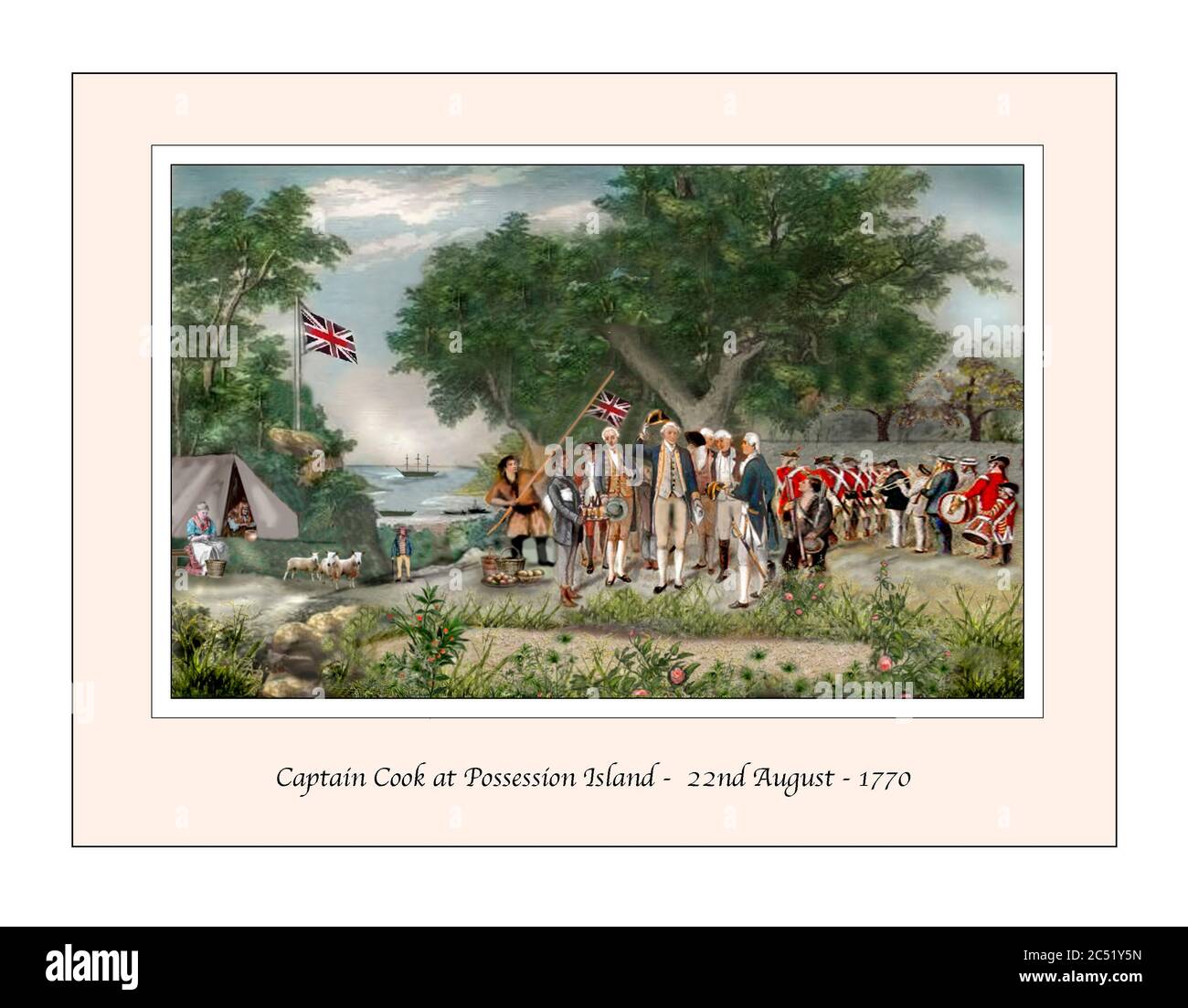 Capitán James Cook en la Isla de la posesión Ilustración basada en una pintura del siglo 19 Foto de stock