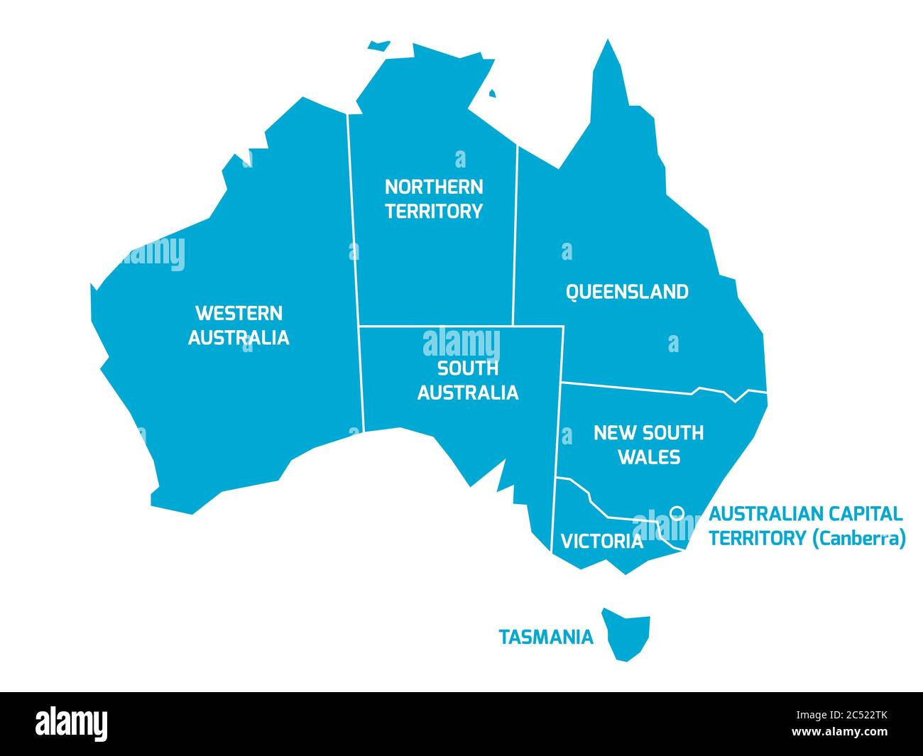 Mapa simplificado de Australia dividido en estados y territorios. Mapa plano azul con bordes y etiquetas blancas. Ilustración del Vector