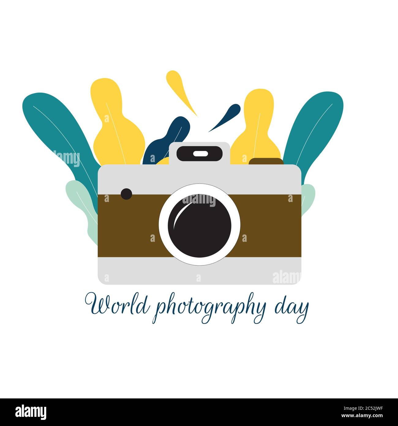 Día Mundial de la Fotografía 19 de agosto. Imagen vectorial de cámara con  hojas Imagen Vector de stock - Alamy