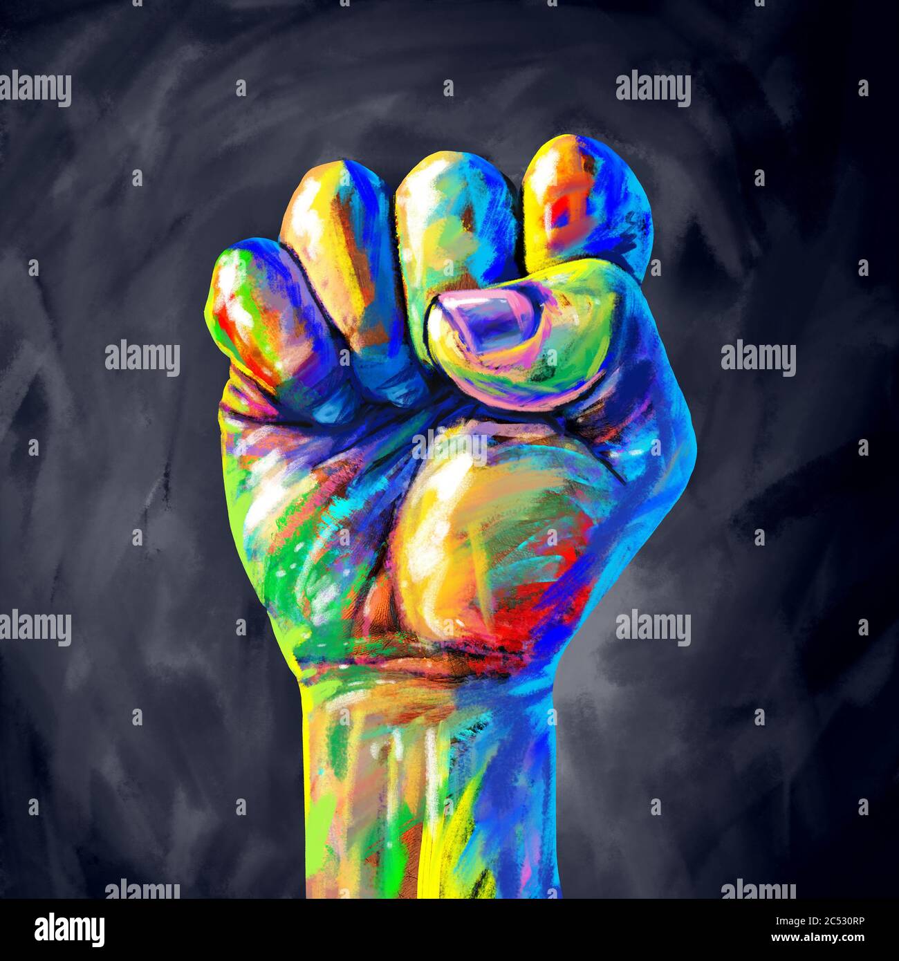 Justicia concepto abstracto como un puño pintado en diversos colores que representan la diversidad y el poder de la comunidad para la igualdad de derechos y la equidad social. Foto de stock