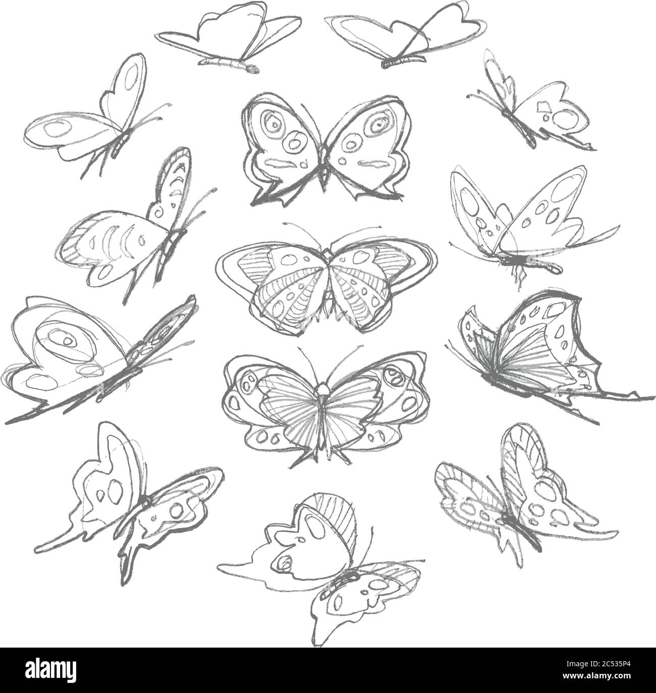 Juego de mariposas dibujadas a mano. Dibujo de lápiz Imagen Vector de stock  - Alamy