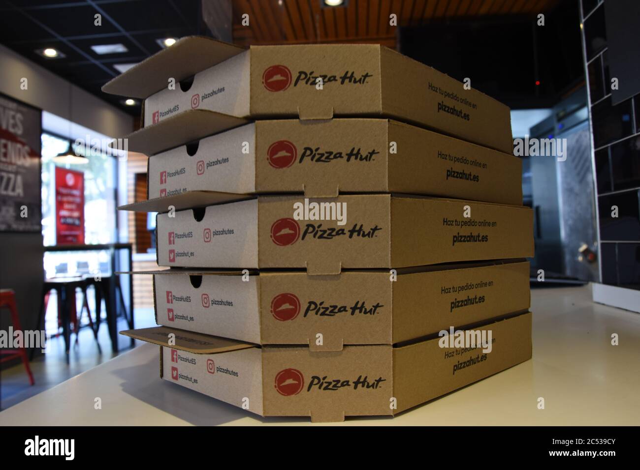 Cajas para llevar de Pizza Hut Foto de stock