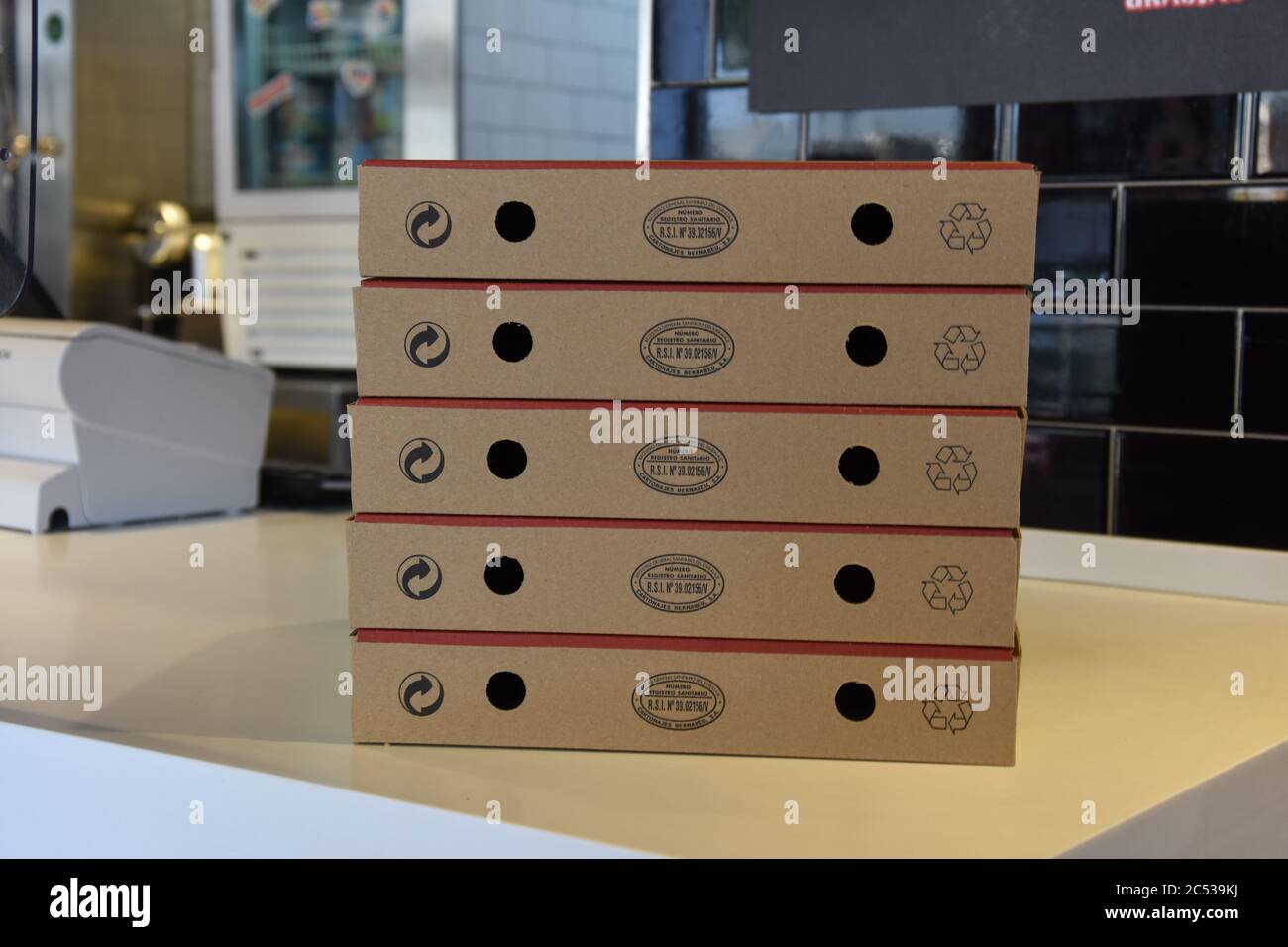 Cajas para llevar de Pizza Hut Foto de stock