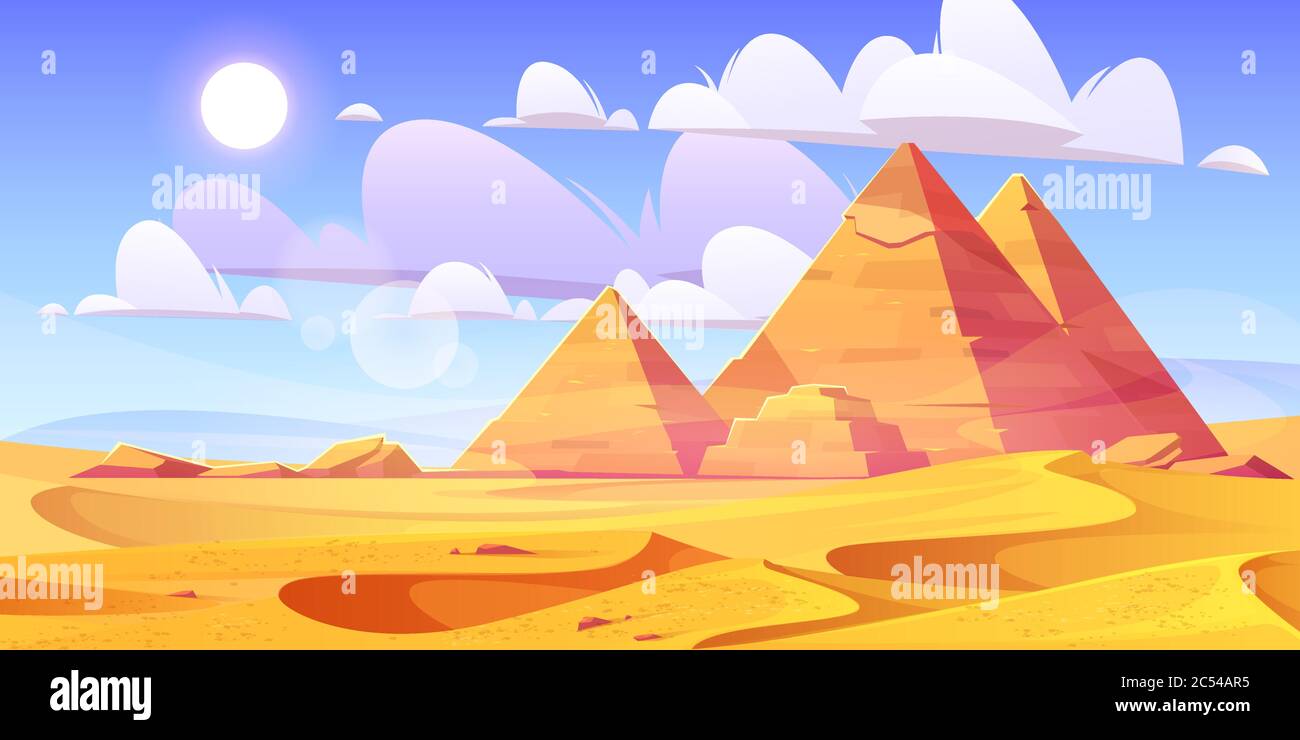 Desierto egipcio con pirámides. Dibujo de dibujos animados vectoriales de  paisaje con dunas de arena amarilla, antiguas tumbas faraón, sol caliente y  nubes en el cielo. Fondo con pirámides en el desierto