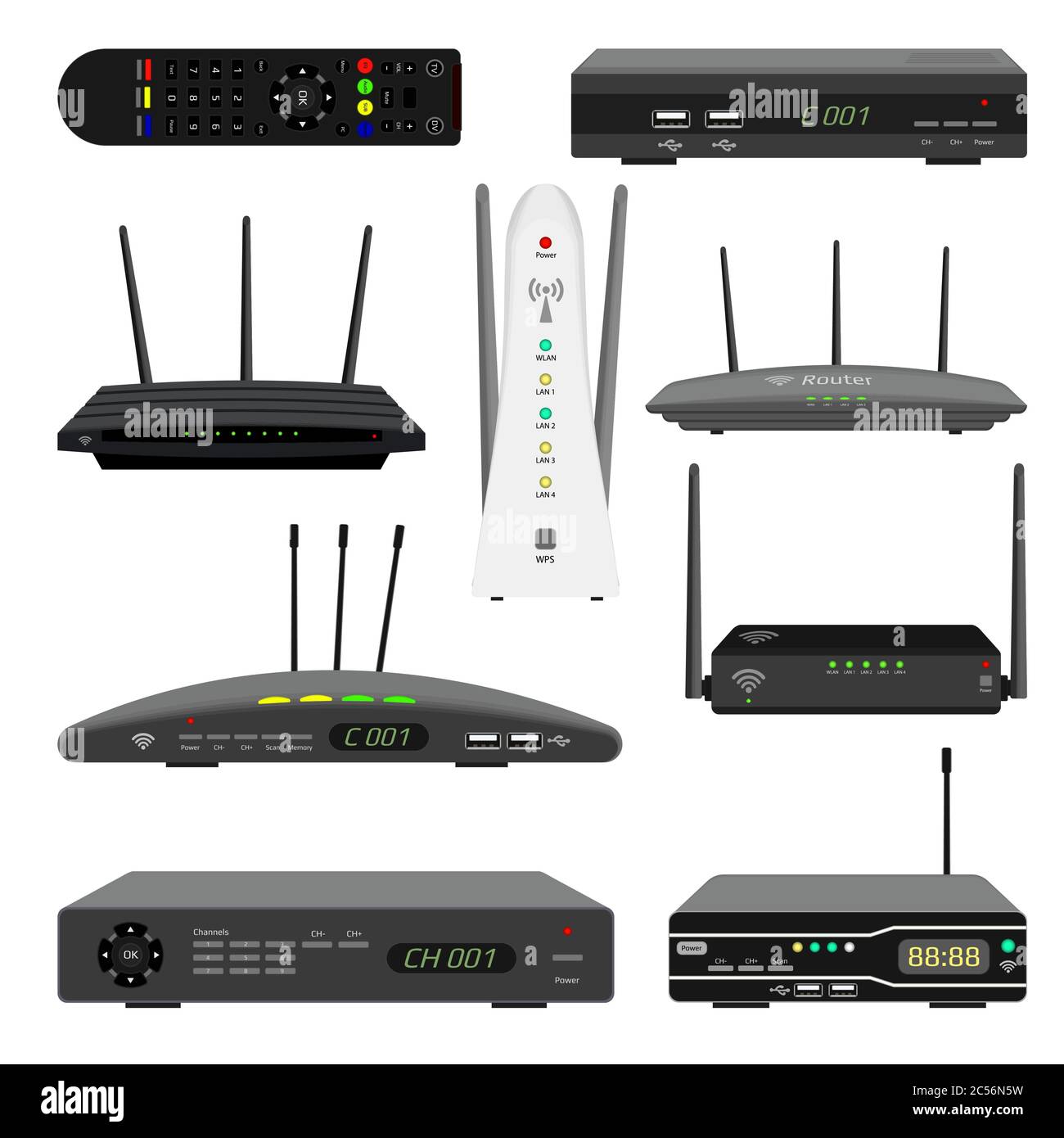 Conjunto de routers Wi-Fi y receptores de televisión digital realistas. Receptor de satélite y mando a distancia de la TV. Dispositivos para distribución inalámbrica. Ilustración del Vector