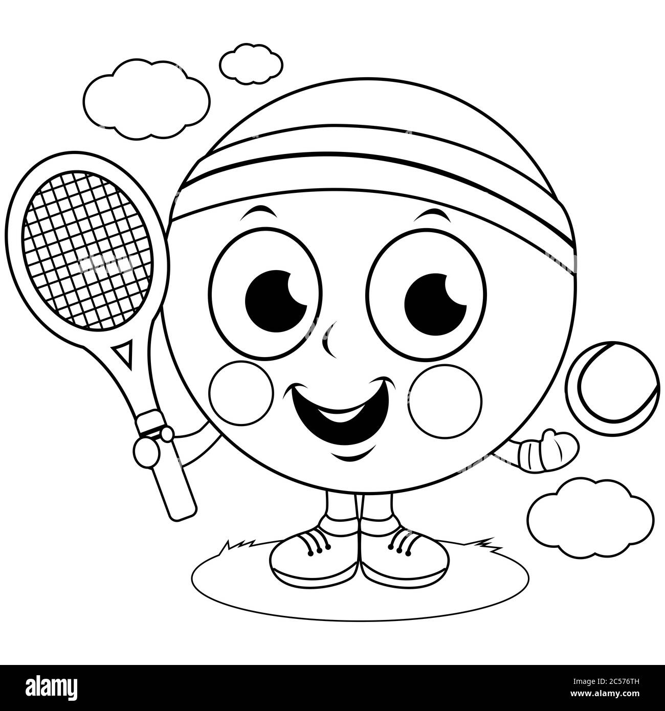 Personaje de la pelota de tenis de dibujos animados jugando al tenis con  raqueta y pelota de tenis. Página de coloreado en blanco y negro Fotografía  de stock - Alamy