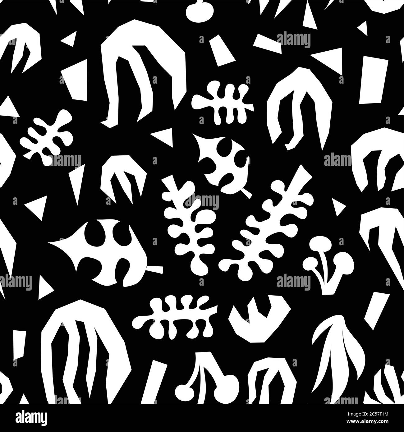 Plantas abstractas collage monocromo sin costuras patrón vectorial. Blanco y negro contemporáneo minimalista dejar formas fondo. Ilustración del Vector