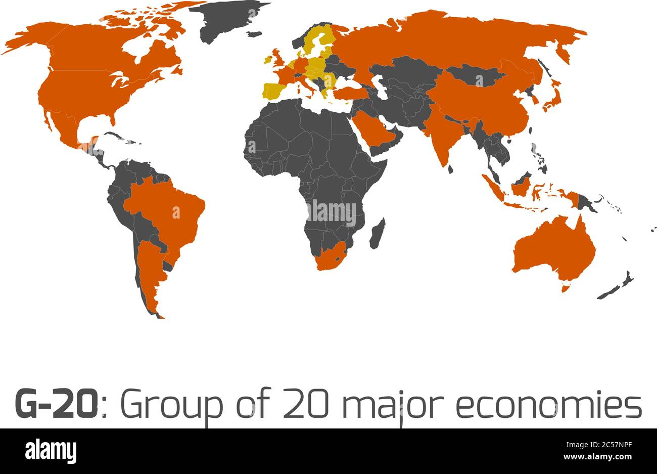 G-20 o Grupo de las principales economías del mundo. Resaltado por naranja en blanco mapa político mundial. Ilustración del Vector