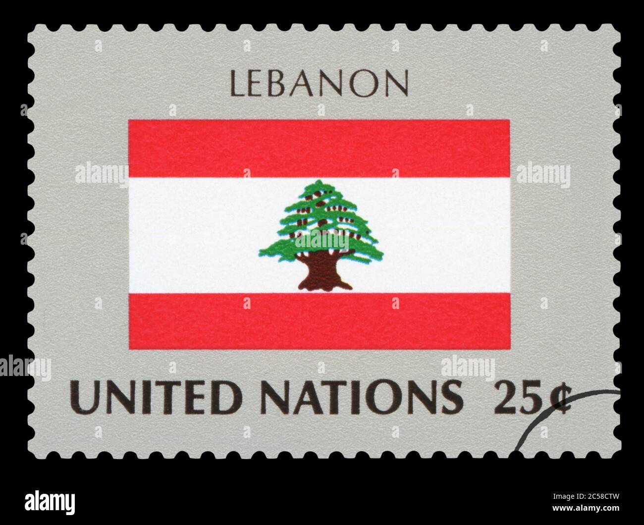 LÍBANO - Sello de postage de la bandera nacional del Líbano, serie de Naciones Unidas, alrededor de 1984. Foto de stock