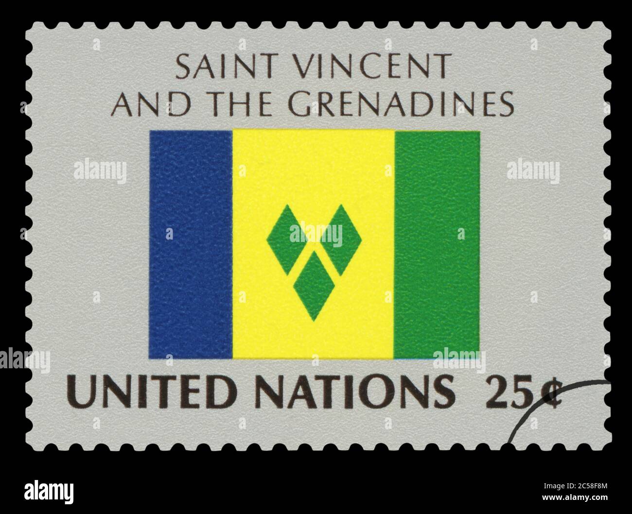 San Vicente y las Granadinas - Sello de la bandera nacional, serie de Naciones Unidas, alrededor de 1984. Foto de stock