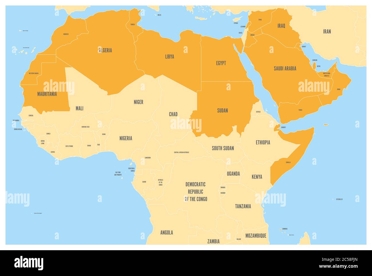 El mundo árabe establece un mapa político con 22 países de habla árabe de la Liga Árabe, con un color naranja. Región del Norte de África y Oriente Medio. Mapa vectorial con aguas azules y tierras amarillas. Ilustración del Vector