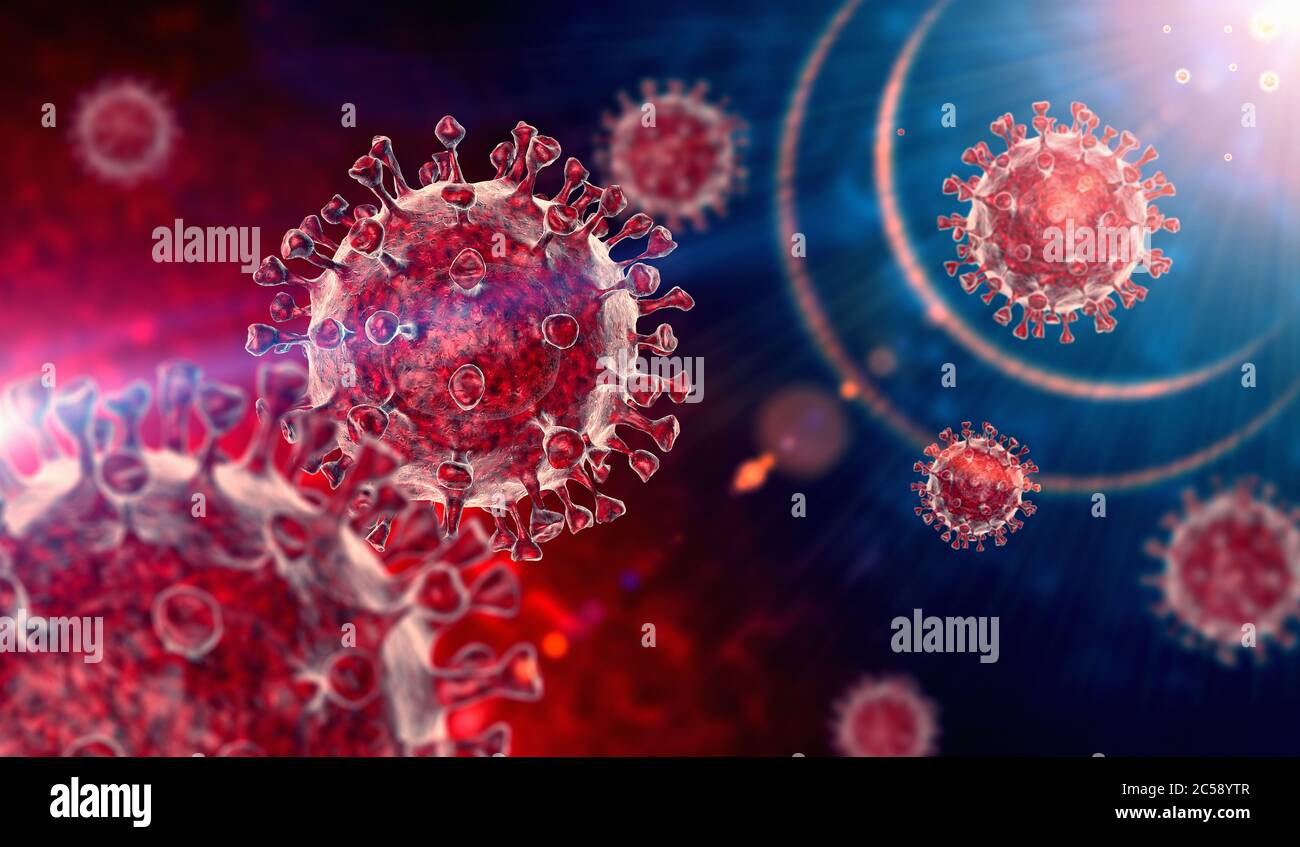 Coronavirus COVID-19 virus microscópico enfermedad del virus de la corona ilustración 3d. Reproducción 3D de virus sobre fondo azul y rojo. Foto de stock