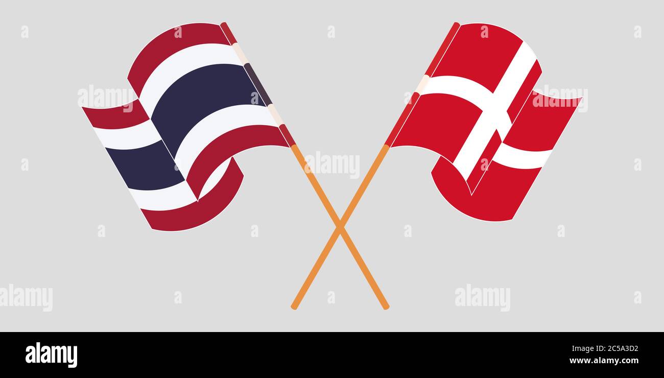Banderas cruzadas y agitadas de Tailandia y Dinamarca. Ilustración vectorial Ilustración del Vector